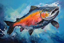 Colorful Painting Of Chinook Salmon Fish Swimming In The Strong Current Of Blue, Fresh, River Water