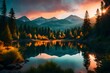A serene mountain lake surrounded by dense evergreen forests, reflecting the vibrant colors of a sunset sky