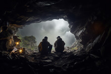 Hikers Find Safety In A Cave During A Mountain Storm - Balancing Adventure With The Need For Shelter Against The Wild Weather.
