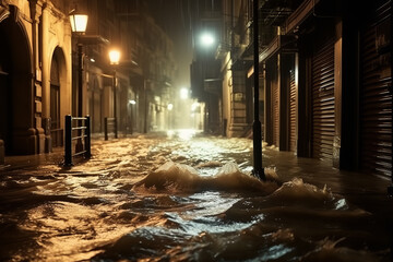 Poster - An urban street experiences a flash flood from a sudden deluge - with water surging - depicting an emergency situation in extreme weather.