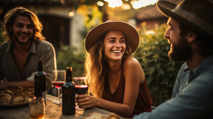 Happy friends having fun outdoor, friends drinking wine. Group of friends having backyard dinner party together. Young people sitting at bar table toasting wine glasses in vineyards garden, BBQ