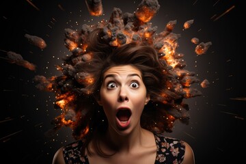 Canvas Print - mind blowing, shocked woman with explosion on their head