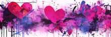 Abstract Colorful Wall Scribble Hearts Pattern Background Banner, Street Art Graffiti Texture. Panoramic Web Header With Copy Space. Wide Screen Wallpaper.