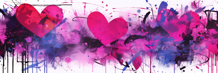Wall Mural - Abstract colorful wall scribble hearts pattern background banner, street art graffiti texture. Panoramic web header with copy space. Wide screen wallpaper.