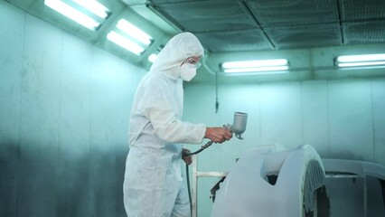 Wall Mural - Caucasian man is using painting gun in repair mechanic painting shop