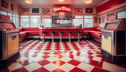 Wall Mural - A retro style diner kitchen complete with checkered floors, red vinyl bar stools, and a jukebox playing classic tunes, exuding nostalgic vibes ai generative