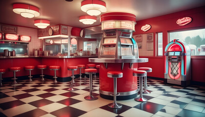 Wall Mural - A retro style diner kitchen complete with checkered floors, red vinyl bar stools, and a jukebox playing classic tunes, exuding nostalgic vibes ai generative