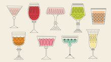 Set Of Alcoholic Cocktails In Glasses Of Different Shapes.  Drinks In Different Types Of Vintage Glasses. Line Art Vector Illustration. Cartoon Retro Style