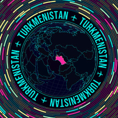 Poster - Turkmenistan on globe. Satellite view of the world centered on Turkmenistan. Bright neon style. Futuristic radial bricks background. Captivating vector illustration.