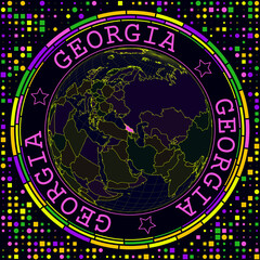Poster - Futuristic Georgia on globe. Bright neon satellite view of the world centered on Georgia. Geographical illustration with shape of country and geometric background. Appealing vector illustration.