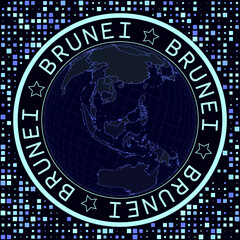 Poster - Brunei on globe vector. Futuristic satelite view of the world centered to Brunei. Geographical illustration with shape of country and squares background. Bright neon colors on dark background.