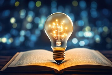 Poster - A light bulb sitting on top of an open book. This image can be used to represent creativity, ideas, inspiration, or education