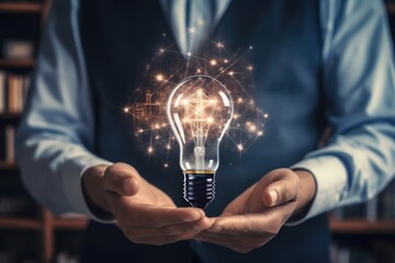 Poster - A person holding a light bulb in their hands. Perfect for illustrating ideas, creativity, and innovation