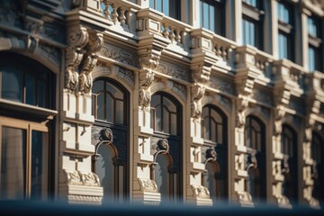 Poster - A detailed view of a building showcasing its numerous windows. This image can be used to depict architectural design, urban landscapes, or modern construction projects