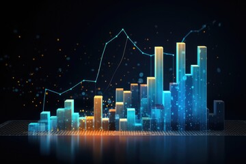 Poster - A graphic depicting a city with a line graph showing an upward trend. Suitable for illustrating urban growth and economic progress