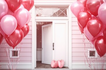 Poster - A vibrant collection of red and pink balloons arranged in front of a pristine white door. Ideal for celebrations and events.