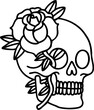 tattoo in black line style of a skull and rose