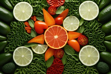 Poster - A vibrant display of assorted fruits and vegetables arranged in a circular pattern. Perfect for illustrating healthy eating, farm-to-table concepts, or a colorful food background