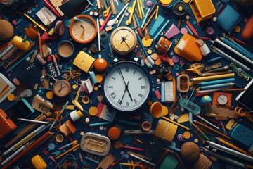 Poster - A clock surrounded by various school supplies. Perfect for educational and time management concepts