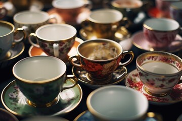 Aufkleber - Cups and saucers arranged on a table. Perfect for use in a cafe or restaurant setting