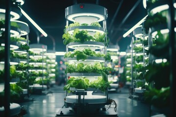 Poster - A hydro tower with a unique twist - it is filled with thriving lettuce plants. Perfect for showcasing urban farming and sustainable agriculture