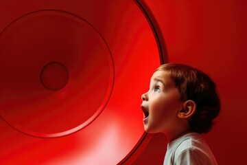 Poster - A young boy standing in front of a red light. Suitable for illustrating traffic safety or teaching children about road rules