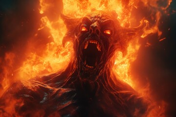 Wall Mural - A terrifying demonic creature engulfed in flames against a black background. Perfect for horror-themed projects or Halloween designs