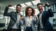 © yj - enthusiastic employees, celebrating a significant business achievement with a triumphant fist bump. bright light of a contemporary office, their faces glowing with shared success. generative AI