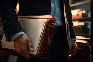 Poster - A man in a suit holding a bunch of folders. Suitable for business, office, and organization concepts