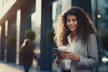 Poster - A woman with curly hair holding a cup of coffee while looking at her cell phone. This image can be used to represent modern lifestyle and technology usage