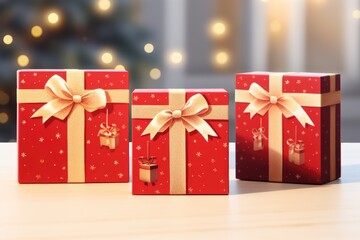 Poster - Three red gift boxes with gold bows are arranged neatly on a table. This image can be used for various occasions and celebrations