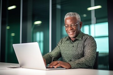 Wall Mural - Smiling busy older professional business man working on laptop sitting at desk. Older mature businessman, happy male executive manager typing on computer using pc technology in office.