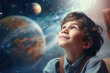 Poster - A young boy looks up at the stars. Perfect for illustrating wonder and curiosity.