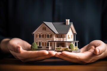 Poster - A person is seen holding a model of a house in their hands. This image can be used to depict concepts such as real estate, construction, architecture, housing, and home buying