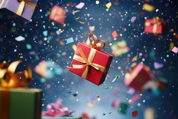 Poster - A red gift box with confetti scattered around it. Perfect for celebrations and special occasions