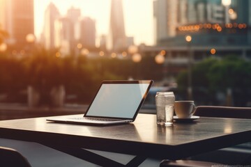 Poster - A laptop computer placed on a sturdy wooden table. Perfect for illustrating technology, work, or productivity.