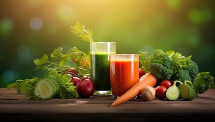 Glasses of green and red vegetable juices on a wooden surface, surrounded by fresh vegetables including broccoli, tomatoes, and cucumbers, against a backdrop of green lighting.