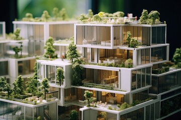 Aufkleber - A model of a building with trees growing on its rooftop. Can be used to depict sustainable architecture and urban green spaces