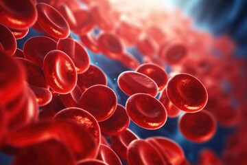 Poster - A close-up view of a group of red blood cells flowing through a vein. This image can be used to illustrate the circulatory system or medical concepts