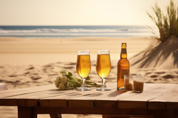 Wall Mural - glass of wine on the beach, bottle of wine on the beach, bottle of champagne on the beach, beer bottles on the beach with bokeh background
