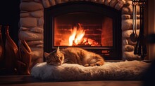 Cat In Front Of Fireplace With Burning Firewood