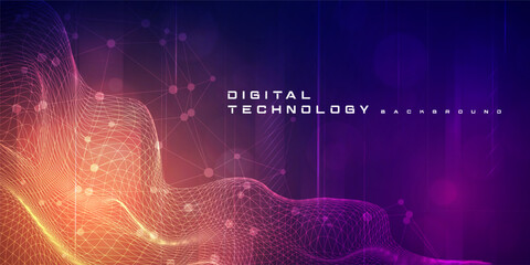Digital technology futuristic big data orange purple background, cyber nano information, abstract communication, Ai innovation future tech data, internet network speed connection line dot illustration