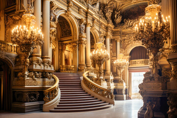 Wall Mural - Interior of a beautiful formal building, opera, staircase, lights and columns. Vintage, antique