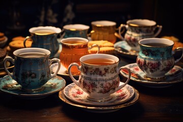 Aufkleber - Cups and saucers arranged neatly on a table. Suitable for various uses