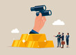 Big hand with binoculars looking for outlook. Achieve financial goal. Flat vector illustration