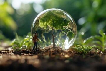 Aufkleber - A man stands in front of a glass globe. This image can be used to represent exploration, curiosity, or the concept of a global perspective