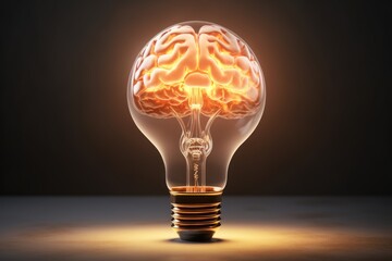 Poster - A light bulb with a glowing brain inside. Can be used to represent creativity, intelligence, or innovative ideas