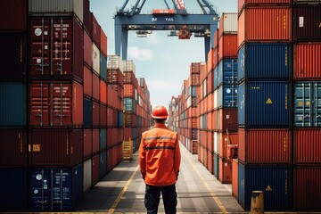 Wall Mural - Portrait of a worker wearing safety helmet standing in front of container terminal, A dockworker at the port looks at the containers, AI Generated