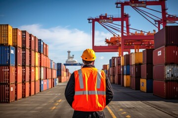 Wall Mural - Portrait of a male engineer standing in front of containers at the port, A dockworker at the port looks at the containers, AI Generated