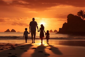 Wall Mural - happy family with two kids walking on beach at beautiful sunset or sunrise, A happy family in walks hand in hand down a paradise beach during sunset, AI Generated